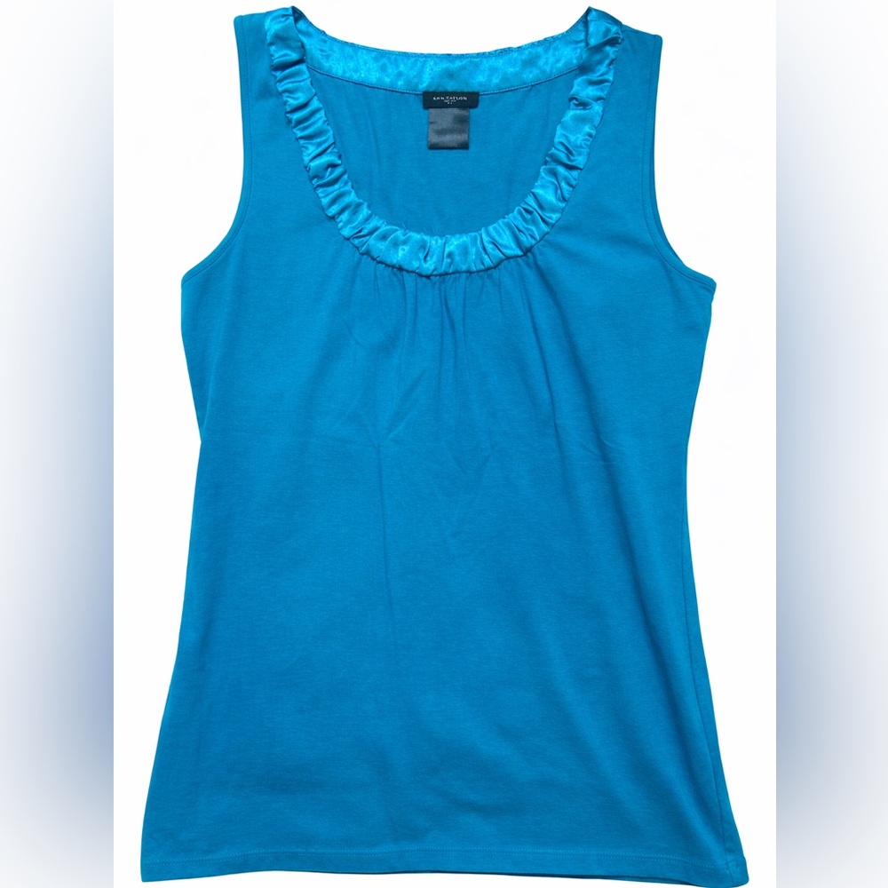 Ann‎ Taylor Turquoise Sleeveless Ruffle Neck Shell Top Size Small